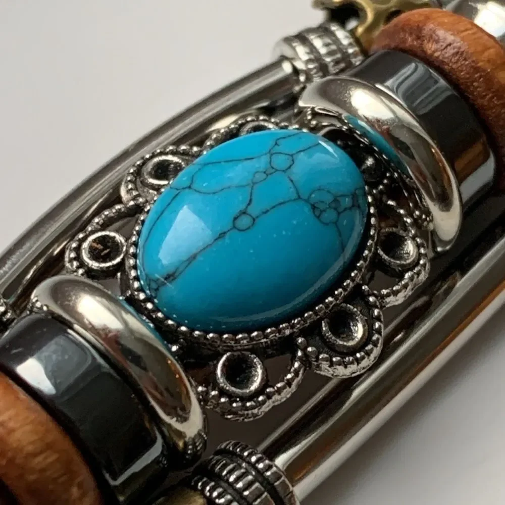Men’s Western Multi-Strand Bracelet - Silver Tone with Faux Turquoise
